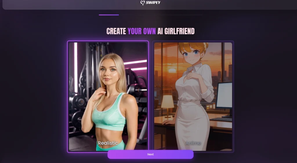 Swipey AI virtual companion app showing a personalized AI character.