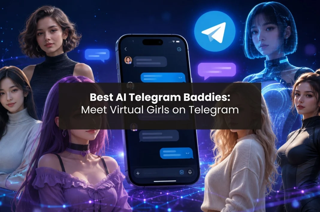 Telegram AI companions and virtual girlfriends surrounding a smartphone with an AI chat interface.