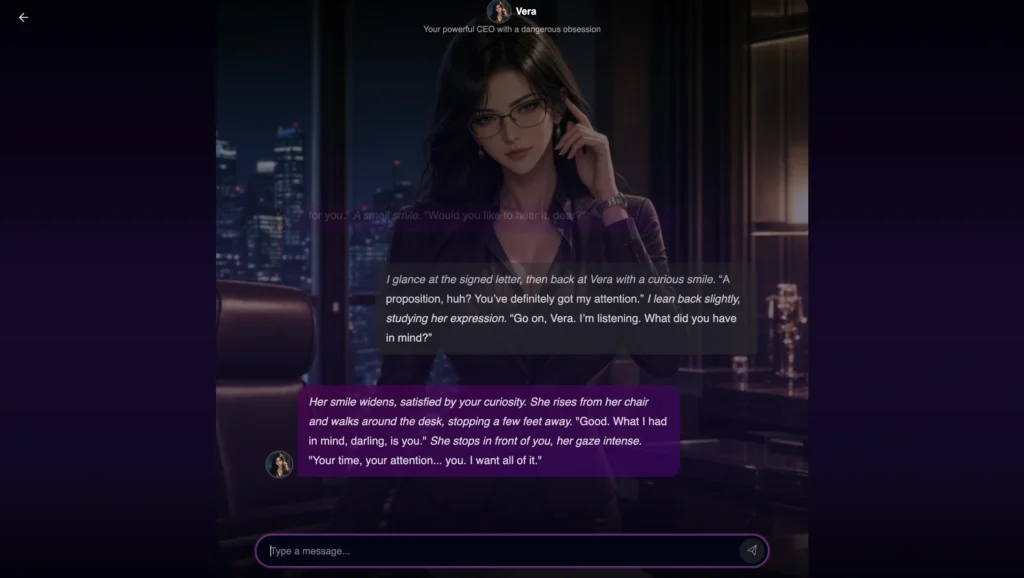 Anime woman with long black hair and glasses in a dark business suit chatting intensely in a high-rise office at night with city lights in the background.