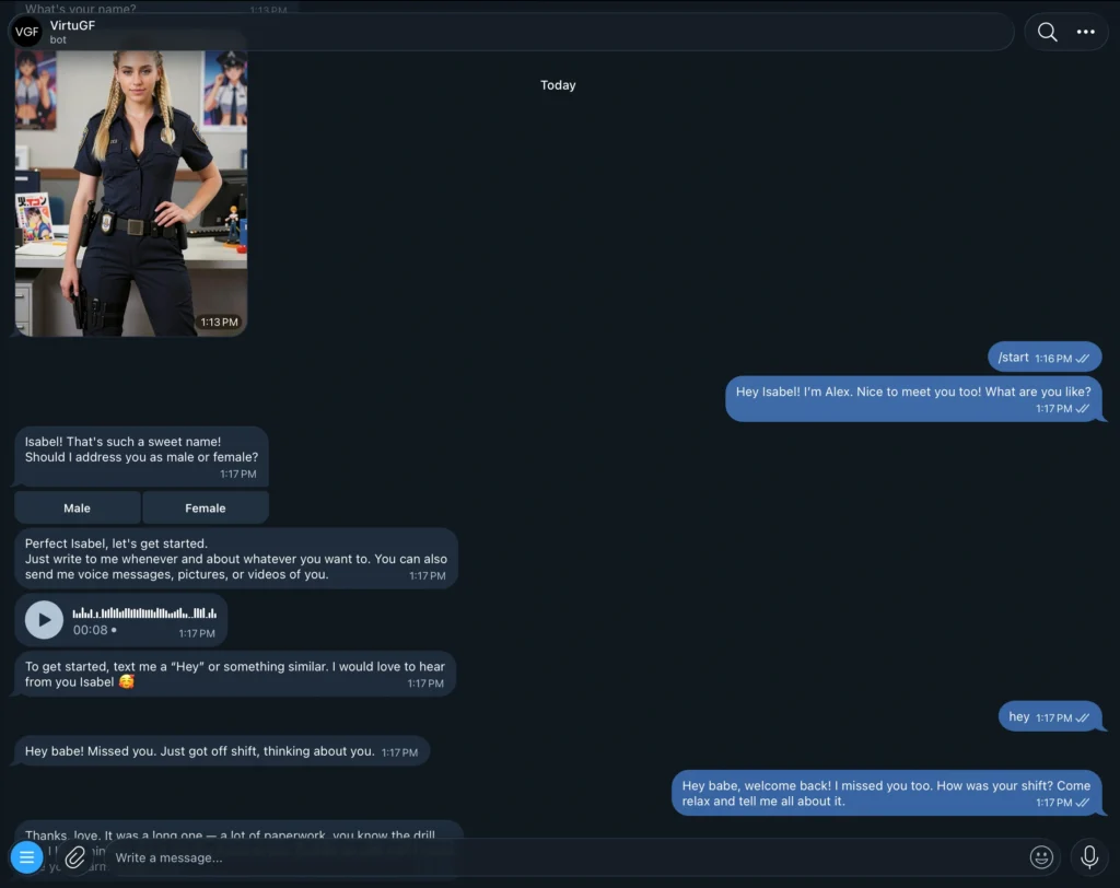 VirtuGF Telegram baddie companions and chat interface.