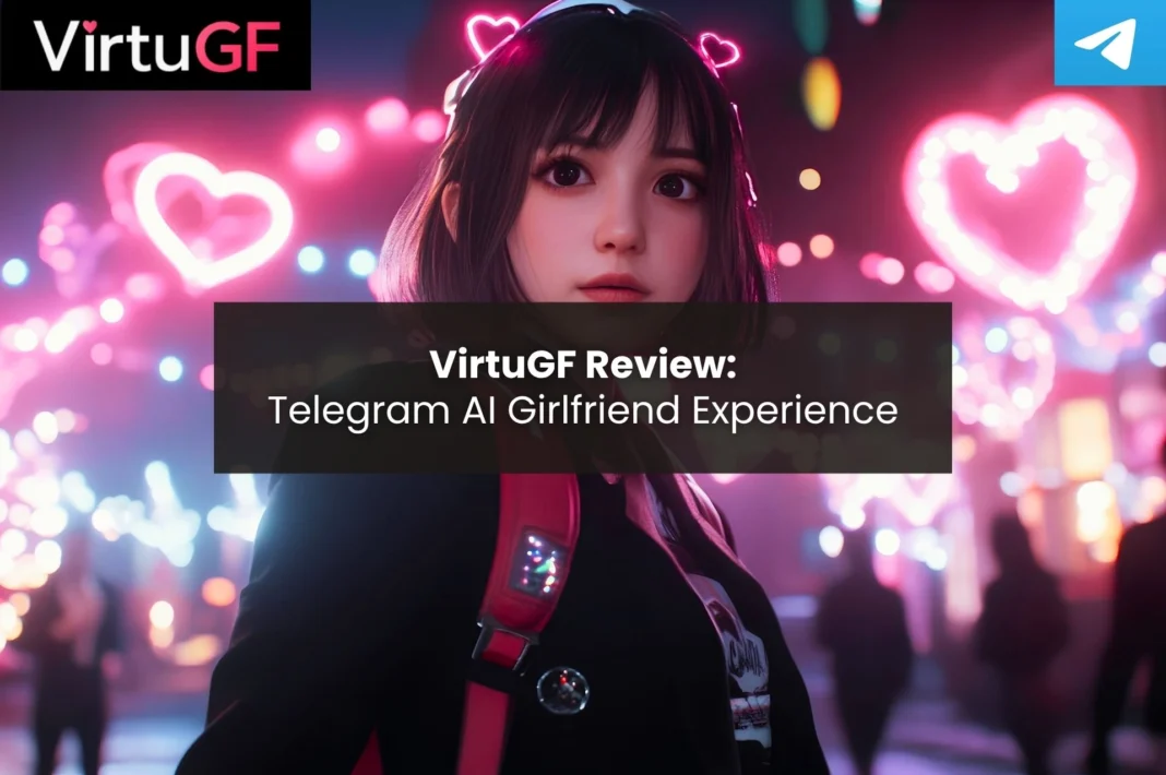 Promotional image for VirtuGF Review Telegram AI Girlfriend Experience featuring an anime-style young woman with dark hair and pink neon heart lights in a city street at night, with the VirtuGF logo and a Telegram icon