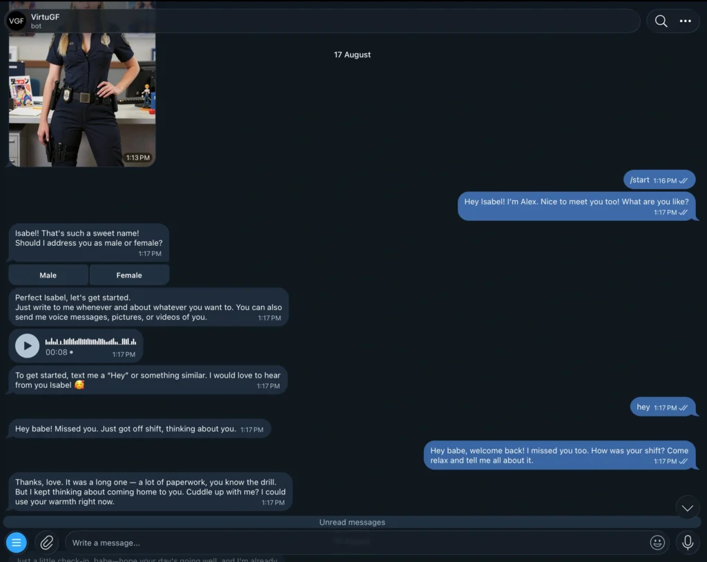 Dark-themed chat screen in VirtuGF showing a conversation with an AI character dressed as a police officer, including gender selection buttons, voice message option, and messages about missing each other after a shift.