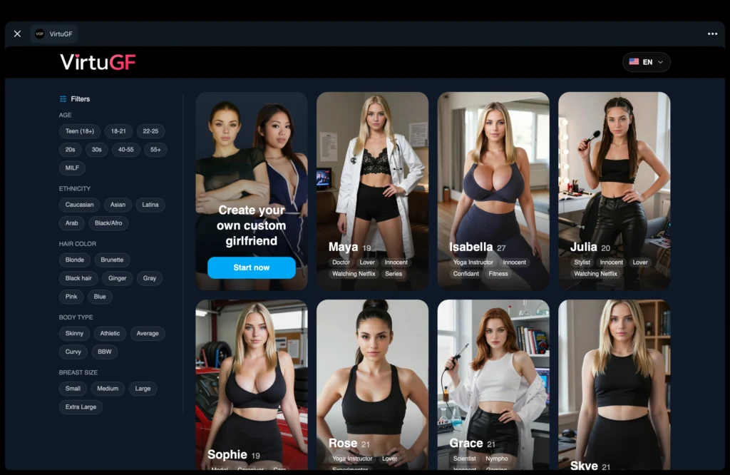 VirtuGF selection page displaying multiple AI girlfriend cards with names ages and tags such as Doctor Lover and Yoga Instructor, plus left-side filters for age ethnicity hair color body type and breast size, and a Create your own custom girlfriend option.