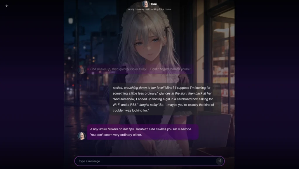 Anime girl with long silver hair in black and white maid outfit chatting shyly on a rainy city street at night.