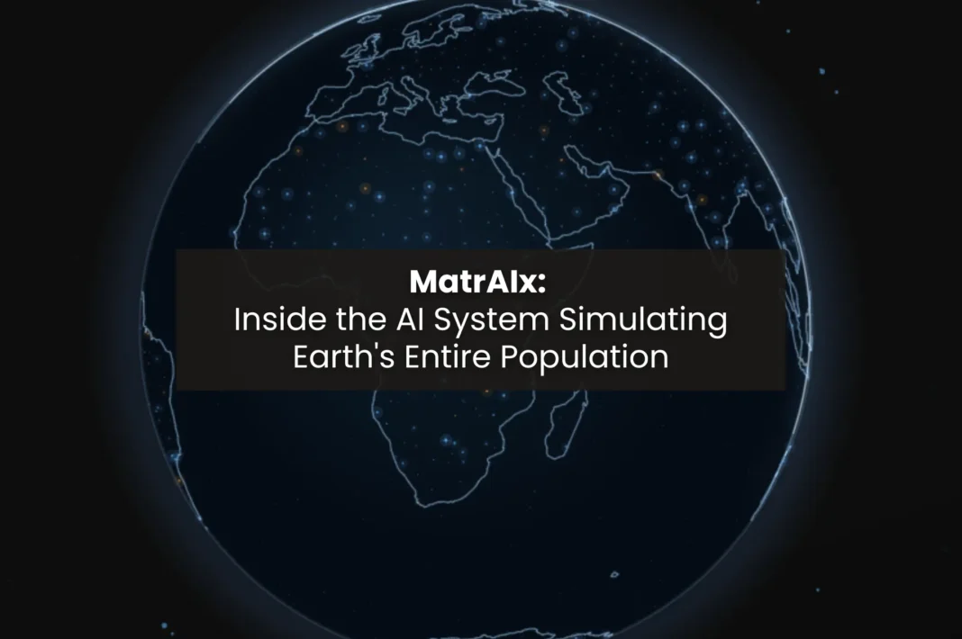 Graphic displaying the MatrAIx AI system simulating Earth's population on a digital globe.