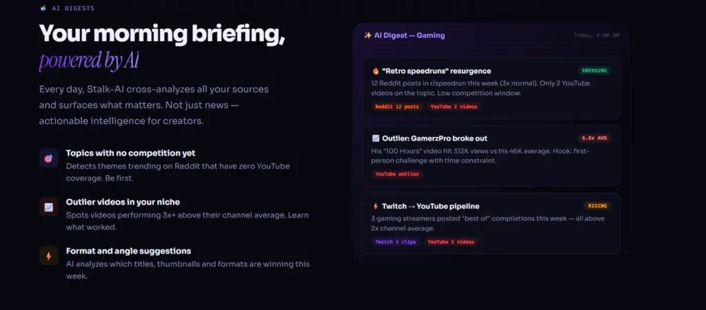 Stalk-AI Daily Digest dashboard interface displaying AI-generated briefing metrics for retro speedruns, outlier creator videos, and Twitch to YouTube content pipelines.