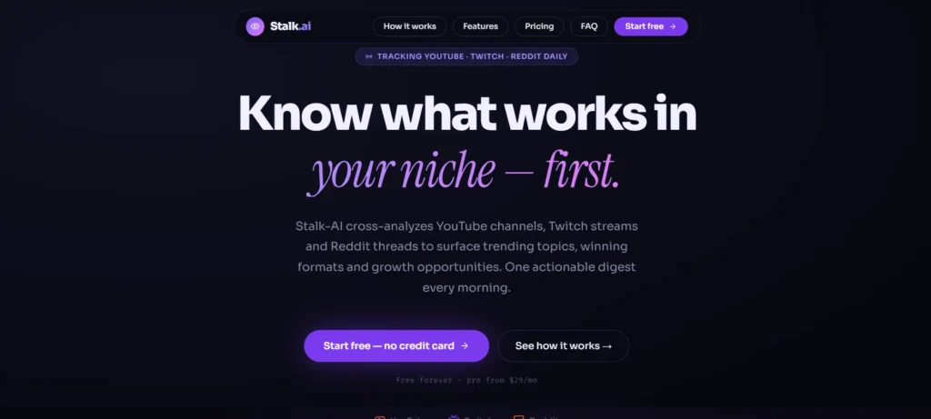 Homepage hero section of Stalk.ai displaying the headline Know what works in your niche first and call-to-action buttons.