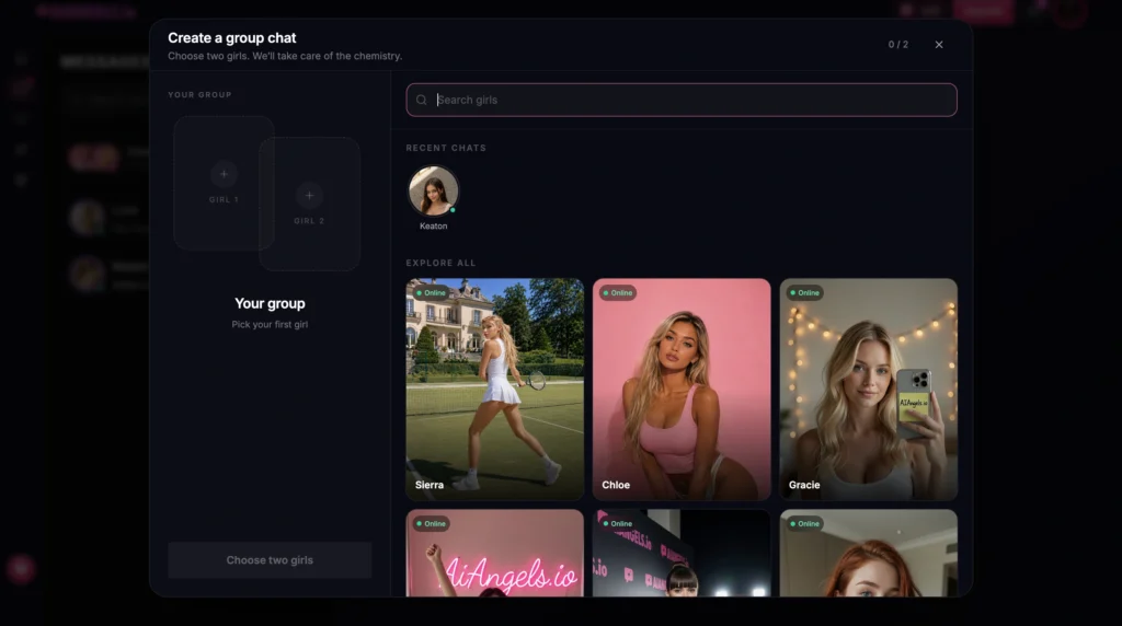 Screenshot of AI Angels “Create a group chat” modal. Left side shows two empty slots for Girl 1 and Girl 2. Right side shows recent chats and a grid of available girls (Sierra, Chloe, Gracie, etc.) with online status.