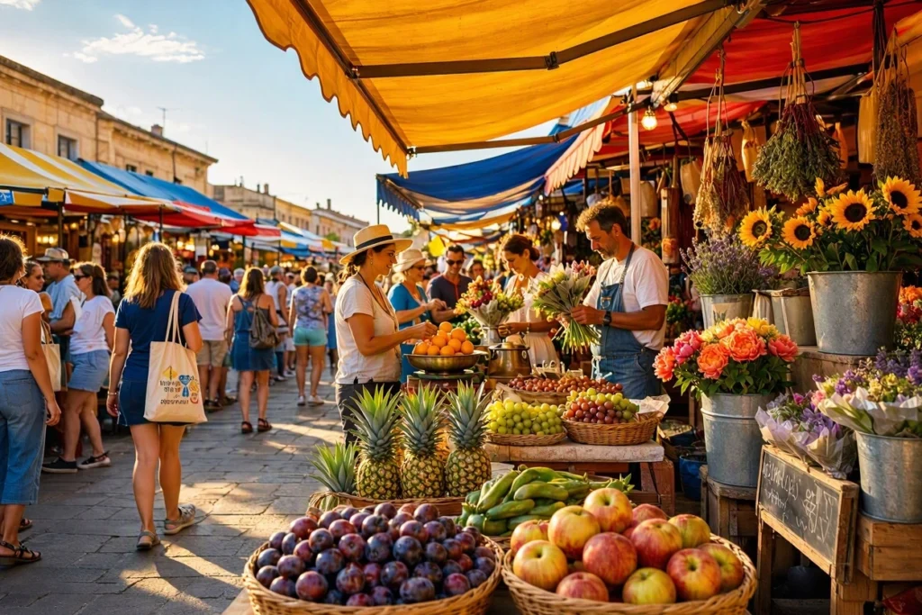 A vibrant outdoor market under yellow and blue awnings with stalls displaying fresh flowers, fruits, and people browsing in warm sunlight, generated with Bing Image Creator.