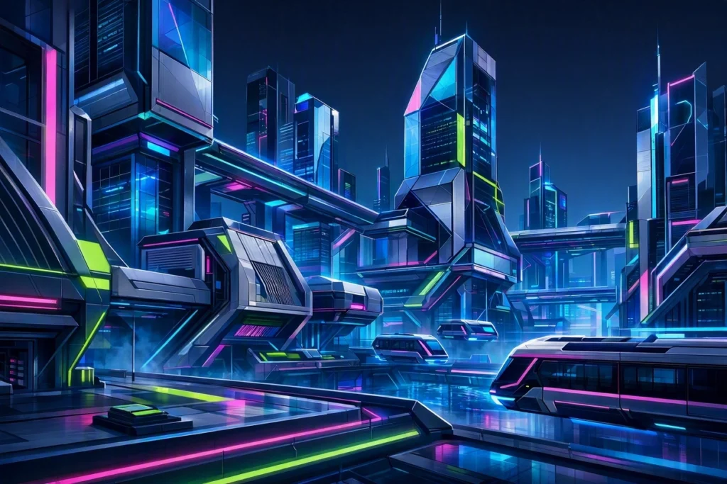 A futuristic geometric city with glowing neon buildings, hovering transport vehicles, and cyan and magenta lights, generated with Bing Image Creator.