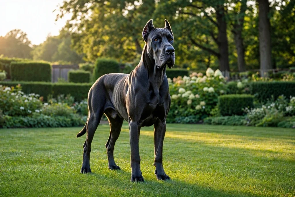 A majestic Great Dane standing in a lush green garden in bright morning sunlight, generated with Bing Image Creator.