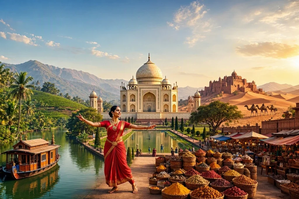 A vibrant collage illustrating the beauty of India, featuring an Indian classical dancer in a red saree, a Kerala houseboat, tea gardens, an outdoor spice market, and camels in the desert, generated with Bing Image Creator.