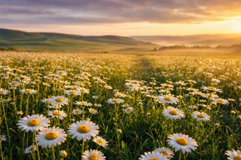 A field of white daisies in full bloom illuminated by golden sunset light with green hills in the distance.