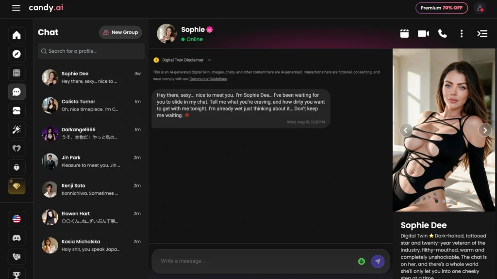 Screenshot of Candy AI desktop chat. Left sidebar shows chat list with Sophie Dee selected. Center shows conversation with Sophie Dee. Top has “New Group” button. Right side displays Sophie Dee’s profile image in black lingerie.