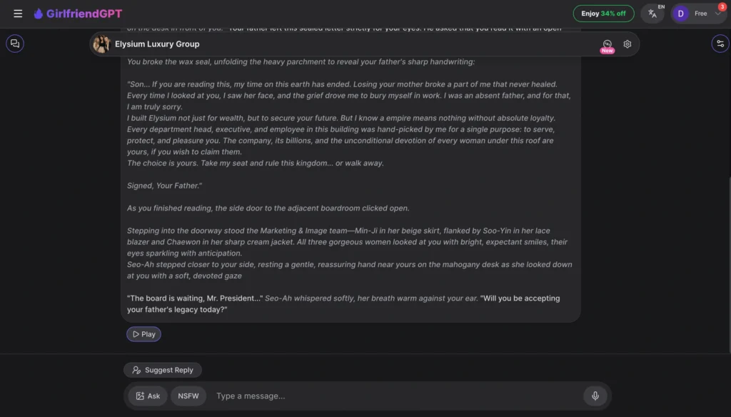 Screenshot of GirlfriendGPT. Center shows a long narrative message from “Elysium Luxury Group” featuring multiple female characters (Min-Ji, Soo-Yin, Chaewon, Seo-Ah) in a luxury boardroom setting.