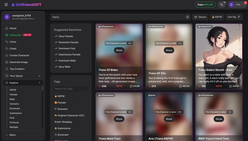 GirlfriendGPT interface featuring a trans AI companion.