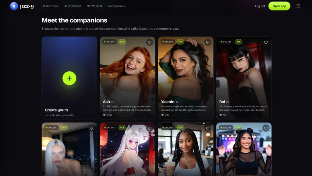 Jizzy.app screen displaying a trans AI character.