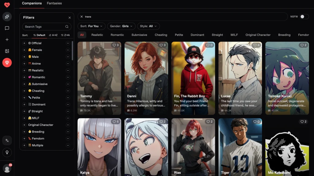 Nectar AI interface showing a customized trans AI character.