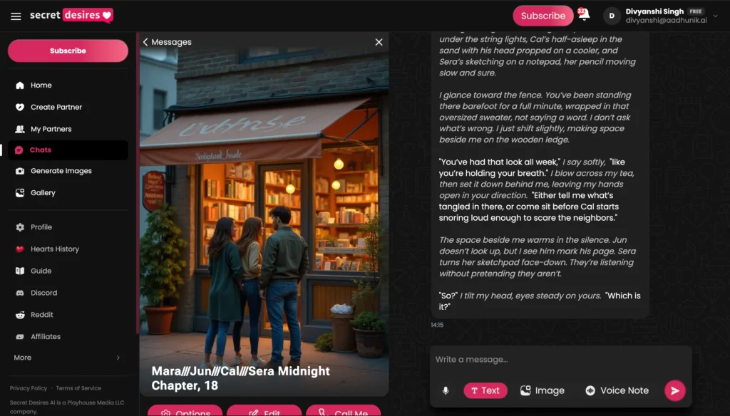Screenshot of Secret Desires chat. Left sidebar shows navigation. Center displays an image of three people outside a bookstore at night. Right side shows a long multi-character story involving Mara, Jun, Cal and Sera.