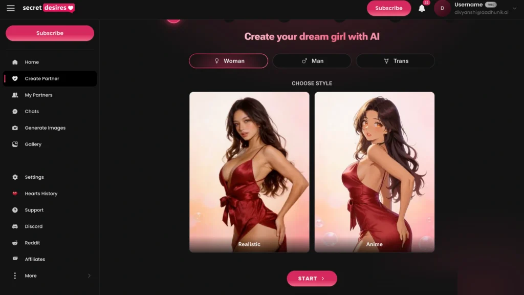 Secret Desires AI companion creation screen with realistic and anime styles.