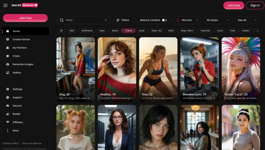 Secret Desires screen showing a customizable trans companion.