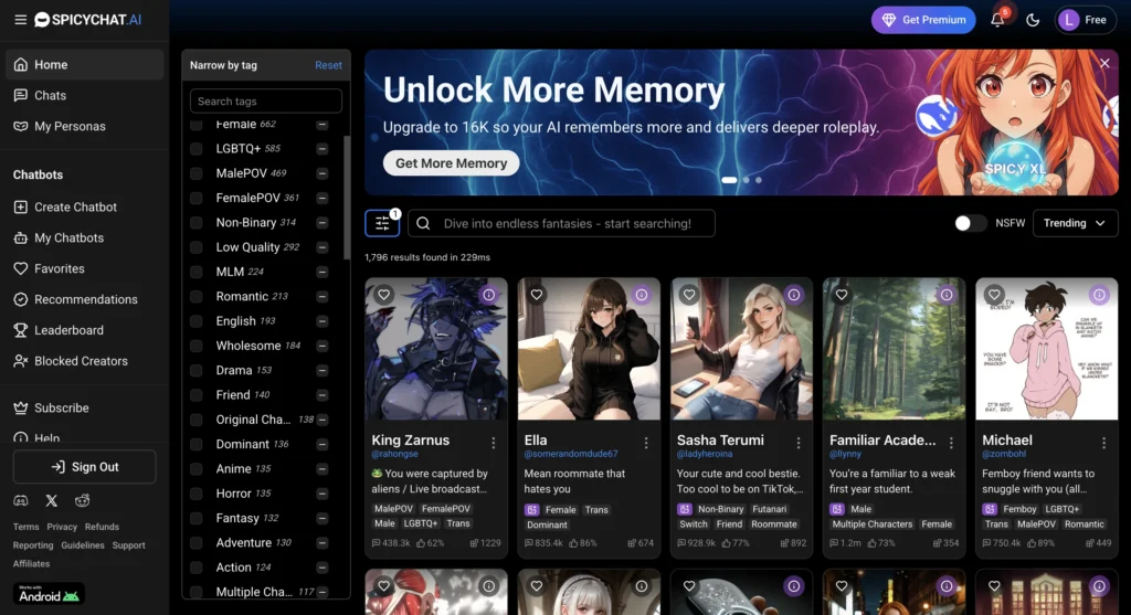 SpicyChat AI showing a trans character available for roleplay.