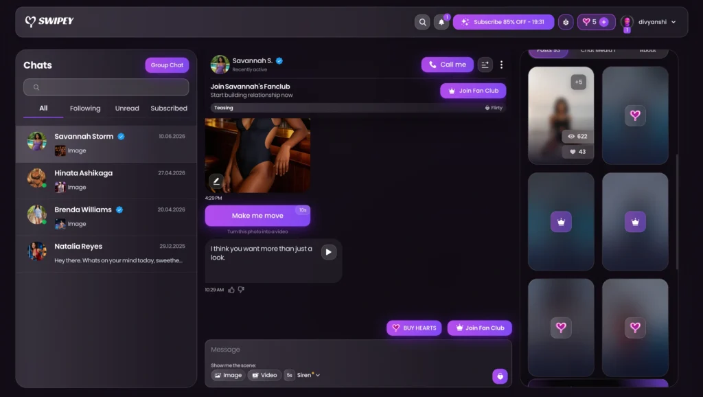 Screenshot of Swipey AI interface. Left sidebar shows chat list with Savannah Storm selected. Center shows conversation with Savannah S. Top right has a purple “Group Chat” button. Right panel shows media and posts.