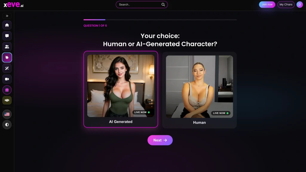 Xeve.ai custom AI character creation screen with appearance and personality options.