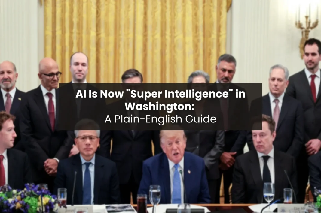 Donald Trump speaking at a White House press conference surrounded by tech leaders, with overlay text reading 