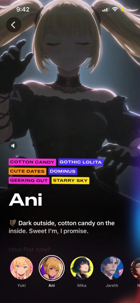 Profile interface for Ani on the Animates app displaying her character model in a gothic lolita outfit alongside taglines like Cotton Candy, Gothic Lolita, and Starry Sky.