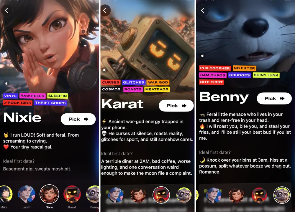 Character profile cards in the Animates app displaying Nixie, Karat, and Benny with their tags and bios.