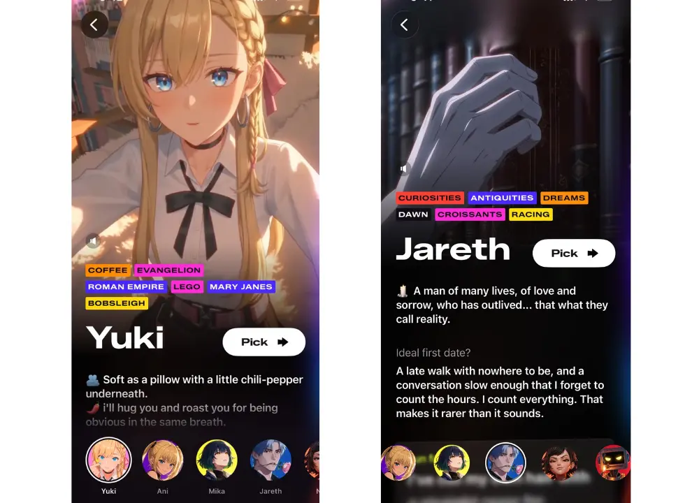 Character profile cards in the Animates app displaying Yuki and Jareth with their taglines, bios, and tags.