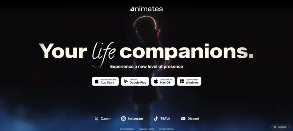 Dark-themed website promotional banner for Animates displaying the text "Your life companions. Experience a new level of presence." with download buttons for the App Store, Google Play, Mac OS, and Windows, alongside social media links for X, Instagram, TikTok, and Discord.