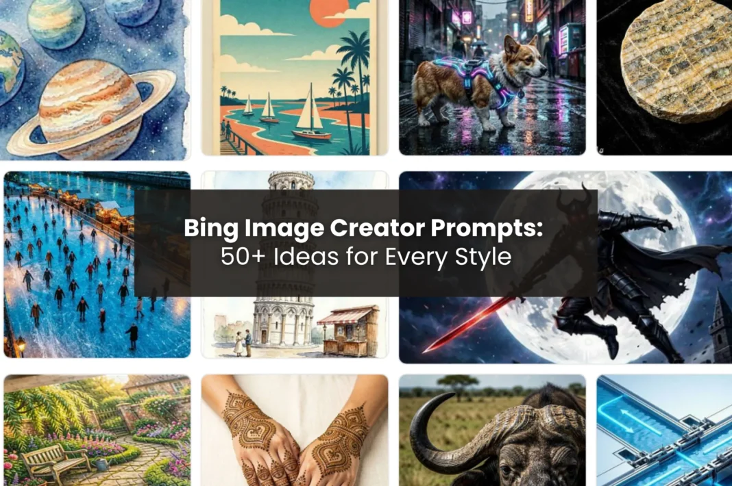 A collage of diverse AI-generated images created with Bing Image Creator, featuring text reading 