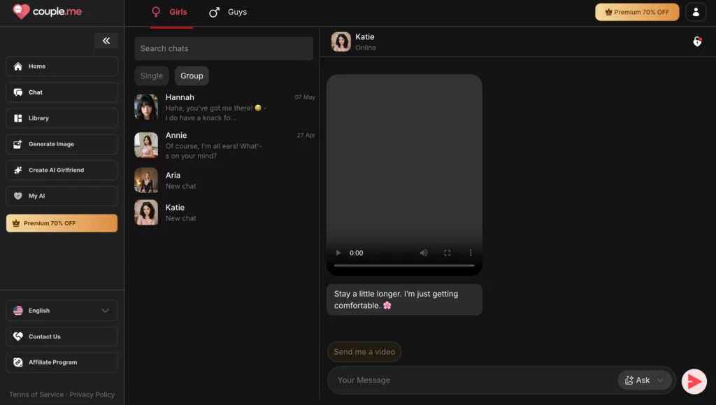Screenshot of couple.me interface. Left sidebar shows navigation. Middle panel has “Single” and “Group” tabs with chat list (Hannah, Annie, Aria, Katie). Right side shows Katie’s chat window with a video placeholder.