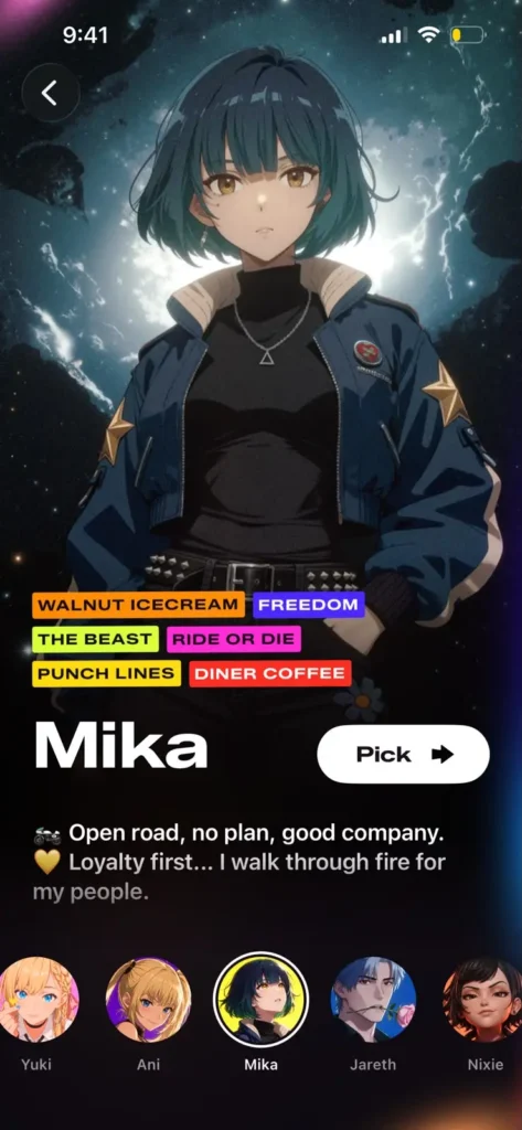 Profile interface screenshot for Mika on the Animates app showing her short teal hair and brown eyes.