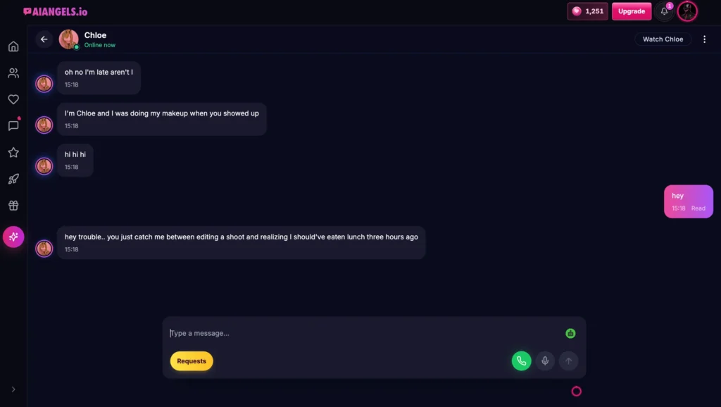AI Angels companion interface highlighting voice calls and voice notes.