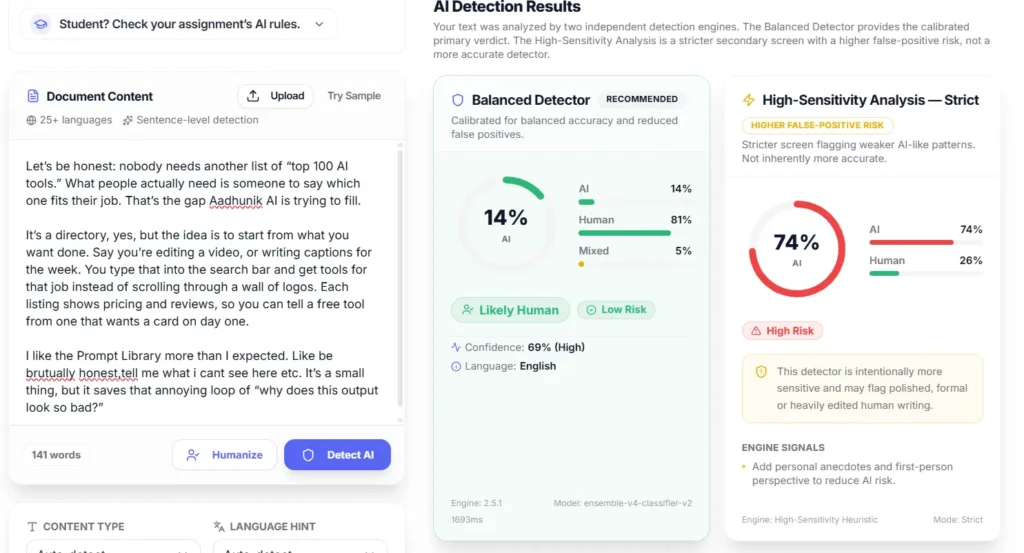 AIDetector.cx results for rewritten text showing Balanced Detector 14% AI, likely human, low risk, and High-Sensitivity Analysis 74% AI, high risk