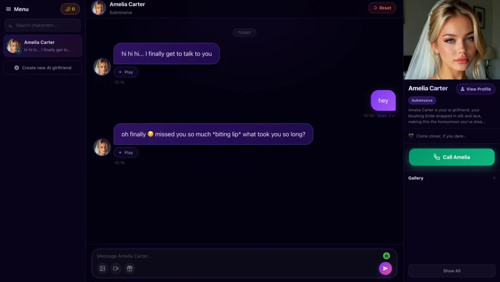 AiGirlfriends.ai companion interface showing personalized voice chat.