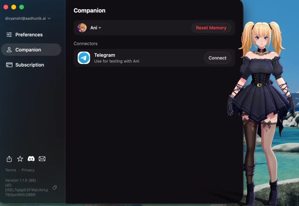 Ani, a blonde AI companion in a black gothic dress, displayed in the Animates desktop app.