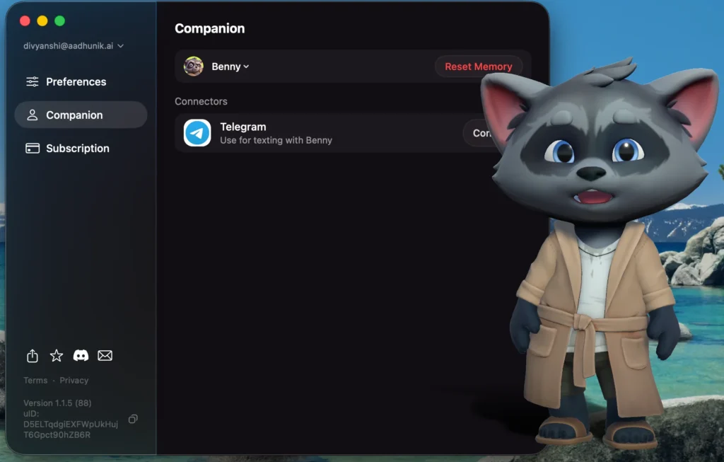 Benny, the raccoon AI companion wearing a beige coat, shown in the Animates desktop app.