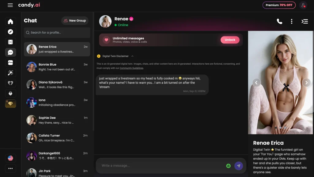 Candy AI companion interface showing voice chat features.