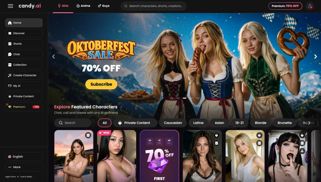 Candy AI homepage featuring AI girlfriend characters and an Oktoberfest sale banner advertising 70% off premium subscriptions.