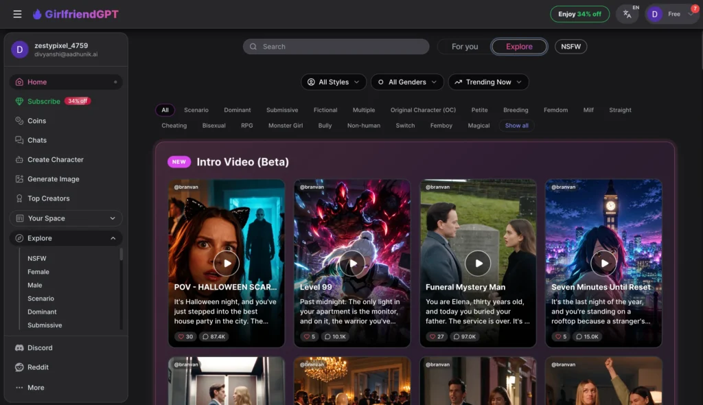 GirlfriendGPT homepage displaying AI roleplay scenarios, including a Halloween-themed story, alongside character discovery and image generation features.