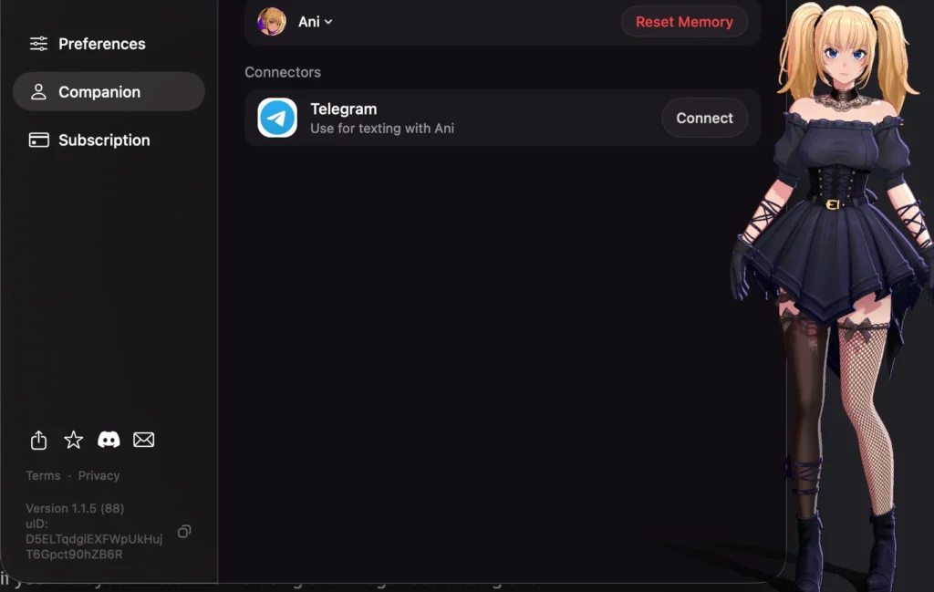 Animates companion interface showing a character selector, Reset Memory button, and Telegram connection option.