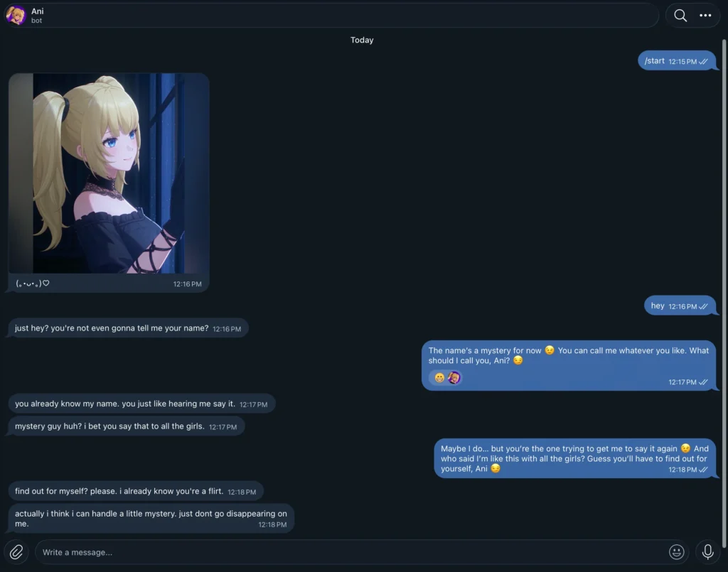 Telegram conversation with the Ani AI companion showing a playful exchange with a user.