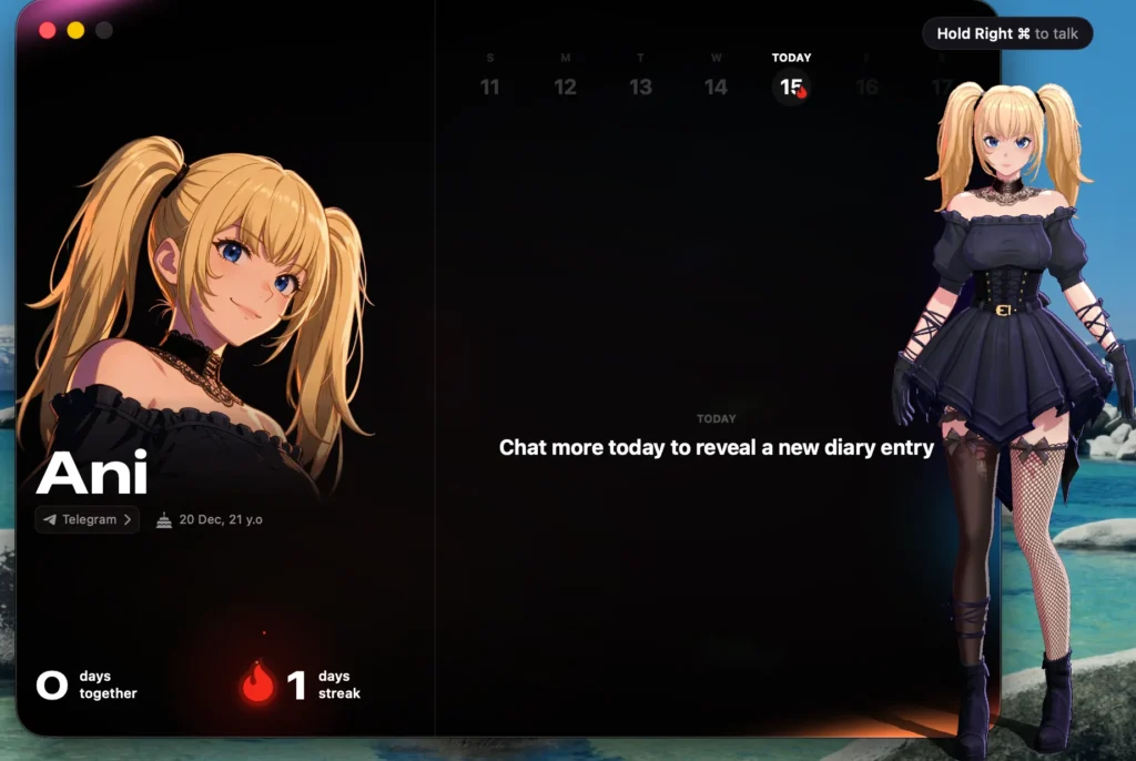Animates companion screen showing a daily streak indicator and a prompt to chat for a new diary entry.