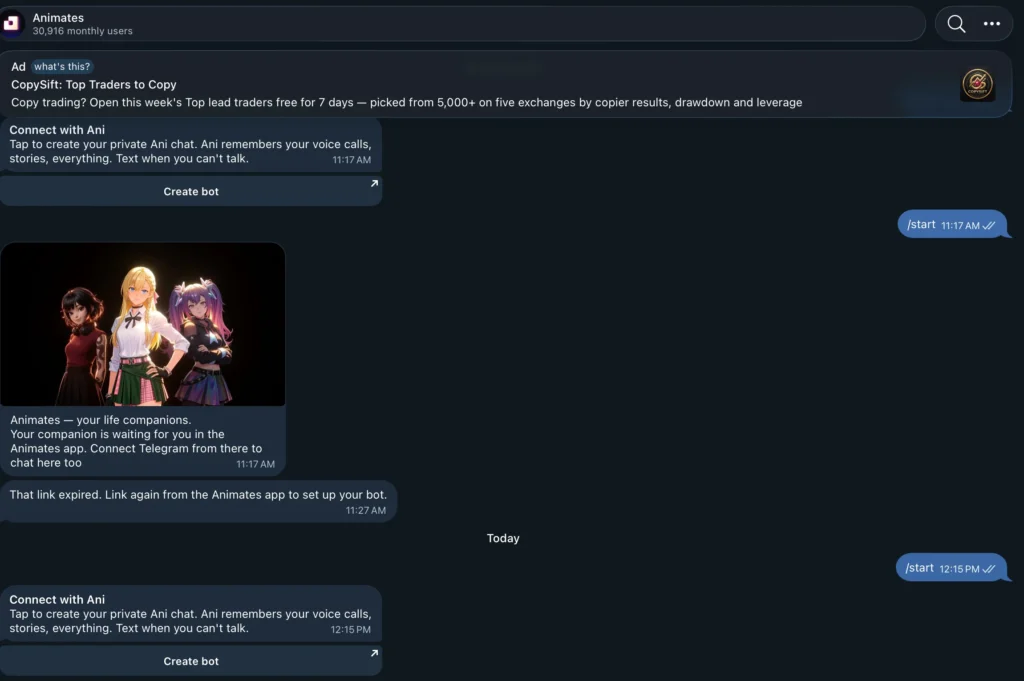 Animates Telegram integration screen showing the option to connect an AI companion to Telegram.