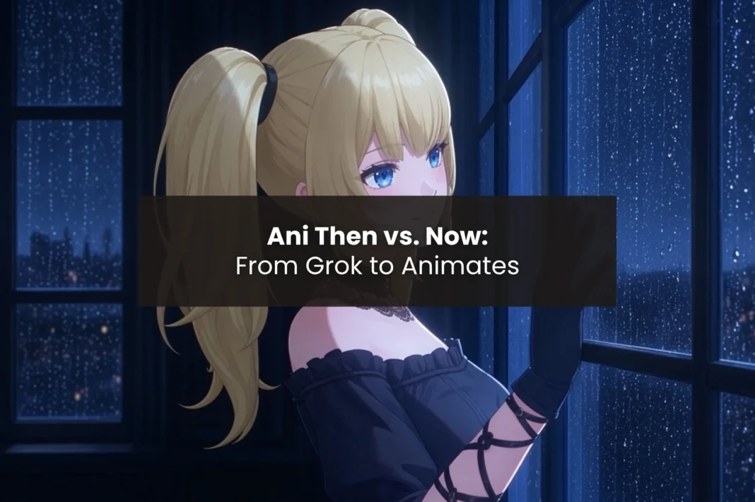 Grok AI Ani with blonde twin-tails, blue eyes, and a black gothic dress beside a rainy window.