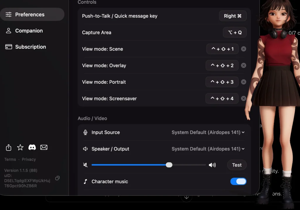 Animates preferences screen showing push-to-talk, keyboard shortcuts, audio devices, and character music settings.